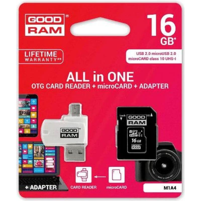 GOODRAM microSDHC karta 16GB M1A4 All-in-one (R:100/W:10 MB/s), UHS-I Class 10, U1 + Adapter + OTG card reader/čítačka 5