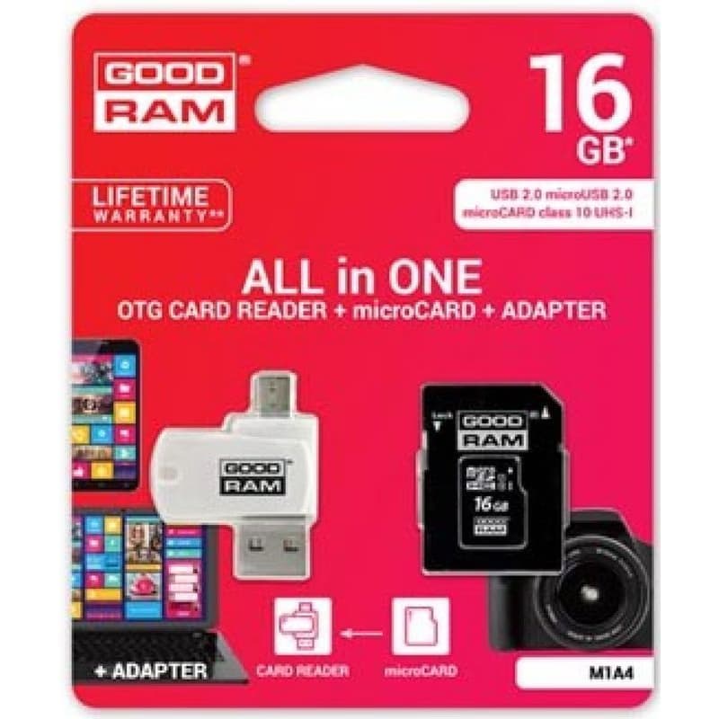 GOODRAM microSDHC karta 16GB M1A4 All-in-one (R:100/W:10 MB/s), UHS-I Class 10, U1 + Adapter + OTG card reader/čítačka 6