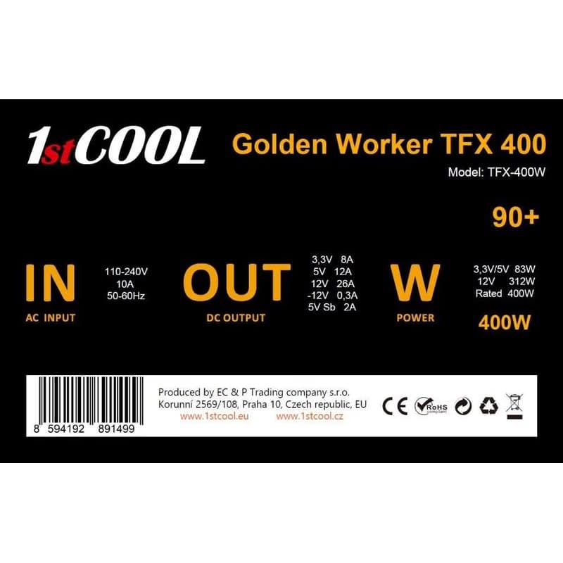 1stCOOL Zdroj Golden Worker TFX 400 88+, 400W, TFX, čierna 2
