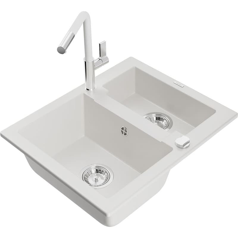 MEXEN/S MEXEN/S - Carlos granitový drez 1.5 vrátane batérie Flora, biela 6518-20-670401-02 1