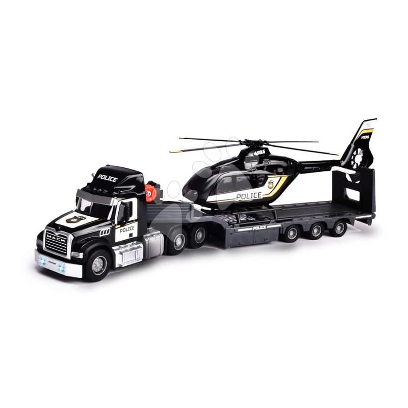 Ťahač s prívesom a policajná helikoptéra Mack Truck Police Helicopter Majorette so zvukom a svetlom s gumenými kolieskami dĺžka 35 cm 1