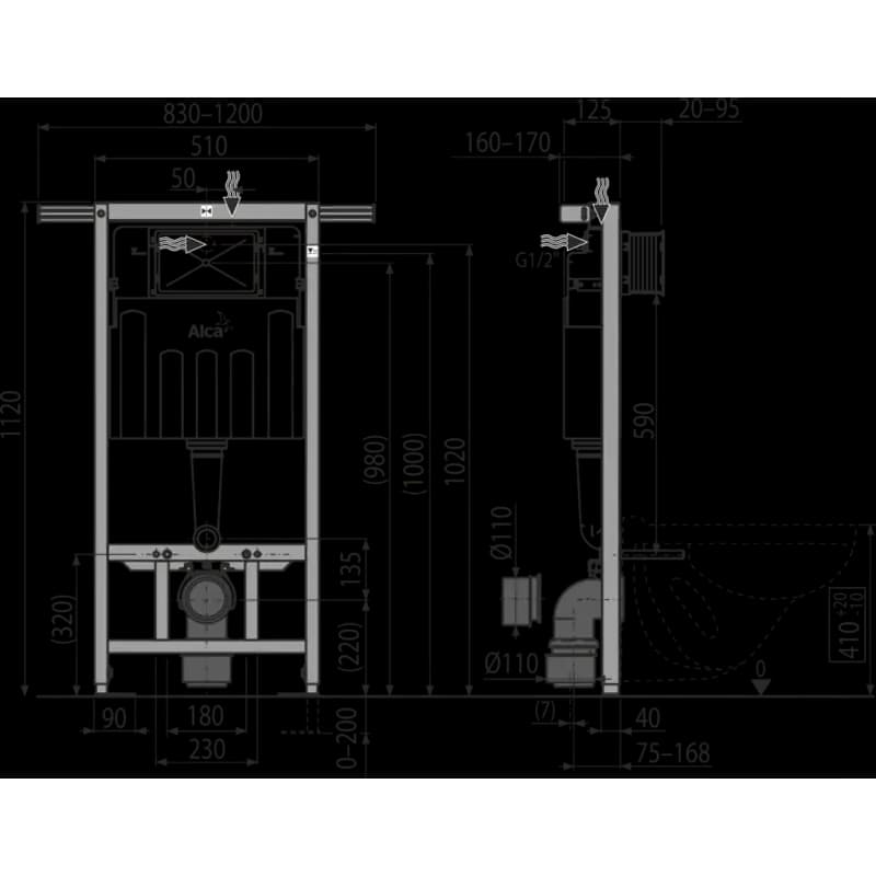 ALCADRAIN Predstenový inštalačný systém Jadromodul pre bytové jadrá, 1120mm 2