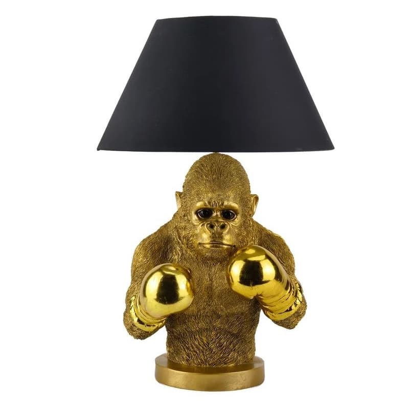 Estila Dizajnová glamour stolná lampa Pop Atelier so zlatou podstavou so sochou opice s boxerskými rukavicami a čiernym tienidlom 55 cm