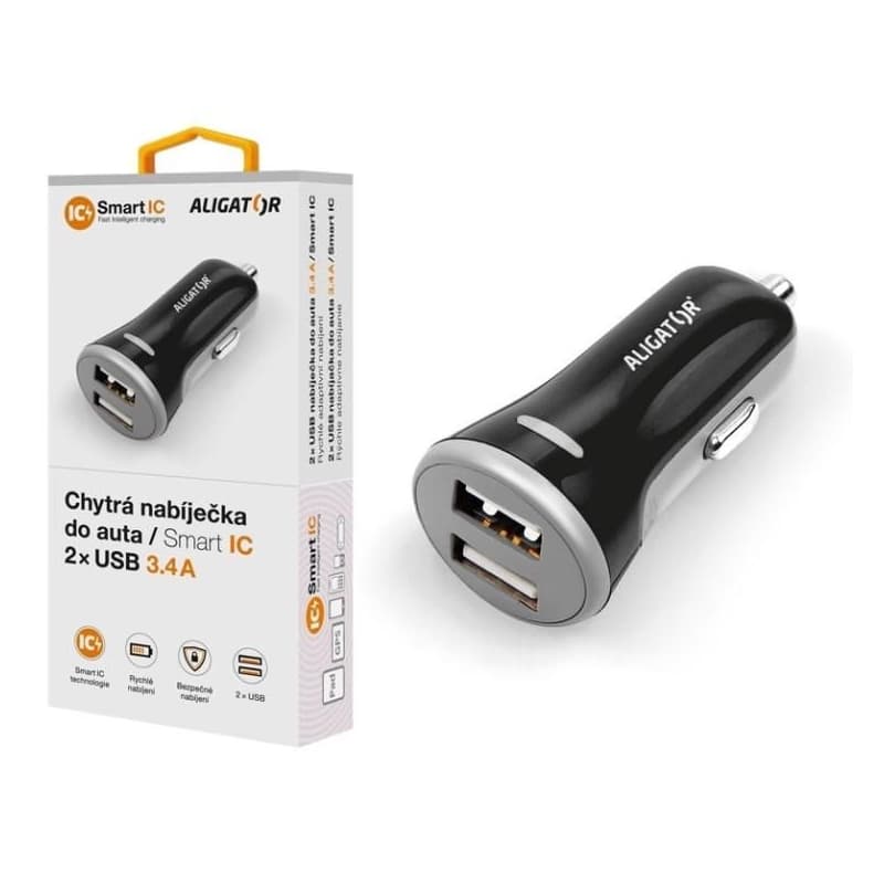 Chytrá nabíjačka do auta ALIGATOR 3.4A, 2xUSB, smart IC, čierna