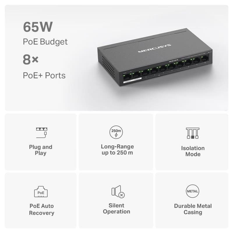 MERCUSYS switch MS110P (10x100Mb/s, 8xPoE+, 65W, fanless) 4