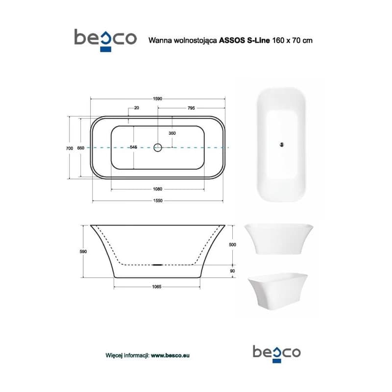 BESCO - Voľne stojaca vaňa ASSOS S-LINE čierna/biela - Rozmer vane - 160 × 70 cm VANASSL16BW 2