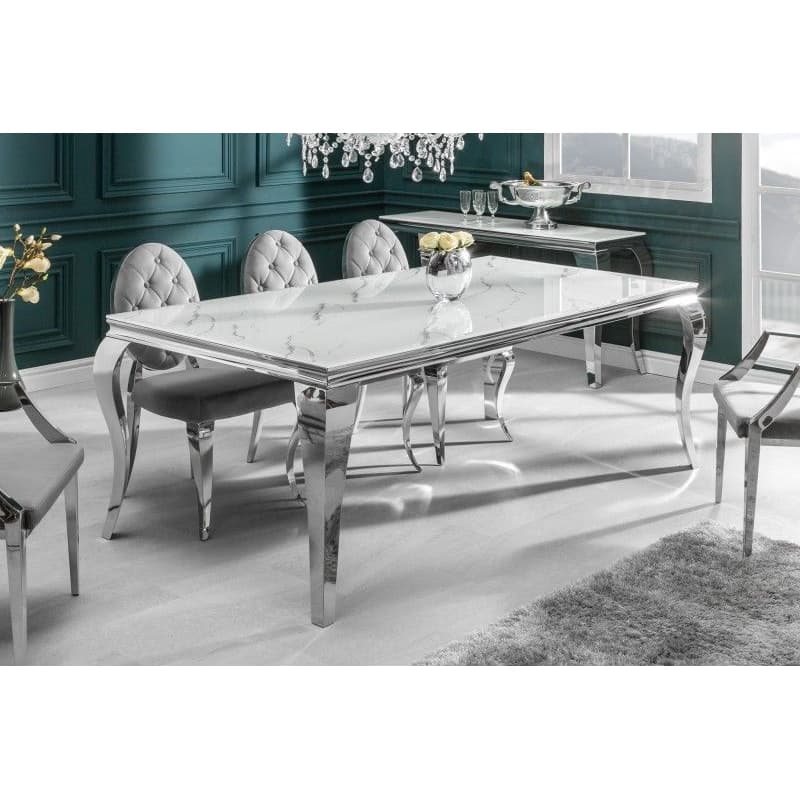 Estila Barokový chrómový luxusný jedálenský stôl Modern Barock s mramorovou sklenenou doskou 200cm