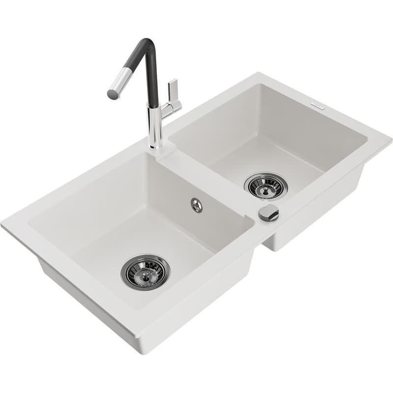 MEXEN/S MEXEN/S - Mario granitový drez 2-bowl vrátane batérie Flora, biela 6504-20-670401-07-B 1