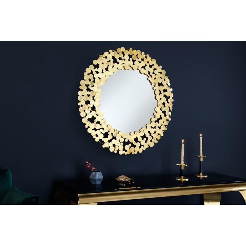 Estila Art deco závesné zrkadlo Flovia okrúhleho tvaru so zlatým kovovým rámom vytvoreným z okrúhlych lupeňov 82cm 1