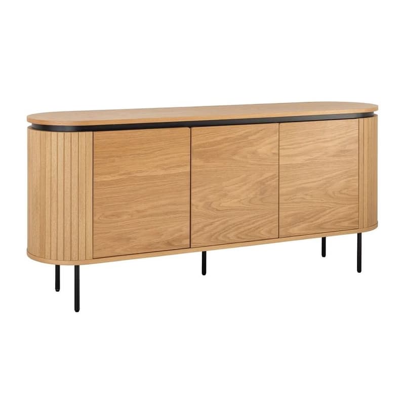 Estila Dizajnový art deco oválny príborník Maderia v dubovej hnedej farbe s tromi hladkými dvierkami a drážkovaným reliéfom 160 cm 1