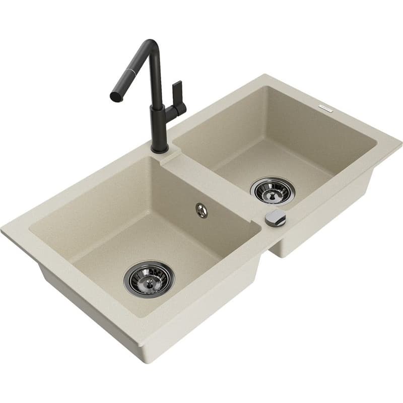 MEXEN/S MEXEN/S - Mario granitový drez 2-bowl vrátane batérie Flora, béžová 6504-69-670401-70-B 1