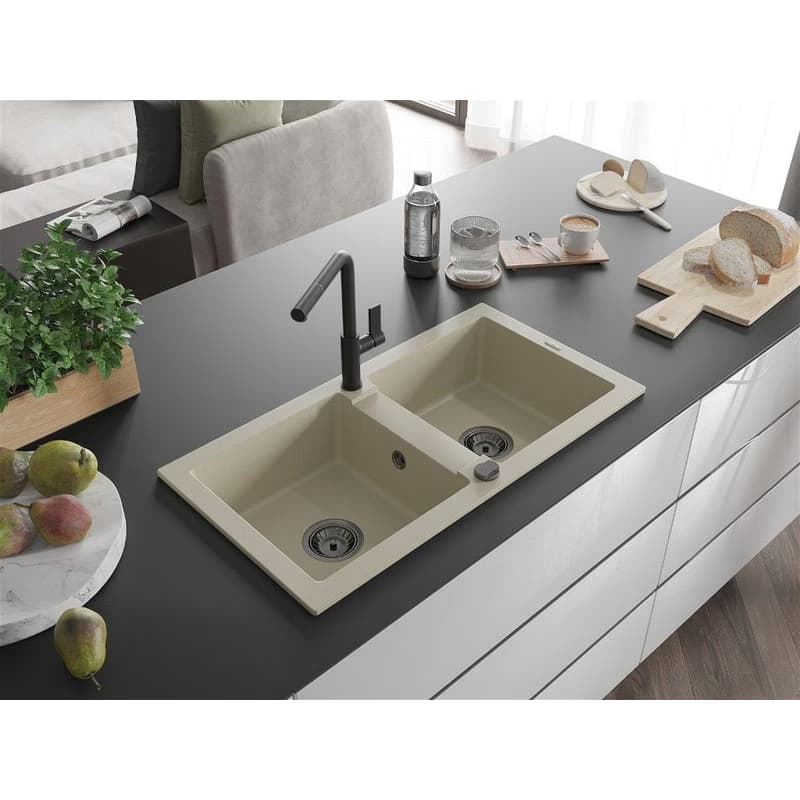 MEXEN/S MEXEN/S - Mario granitový drez 2-bowl vrátane batérie Flora, béžová 6504-69-670401-70-B 2
