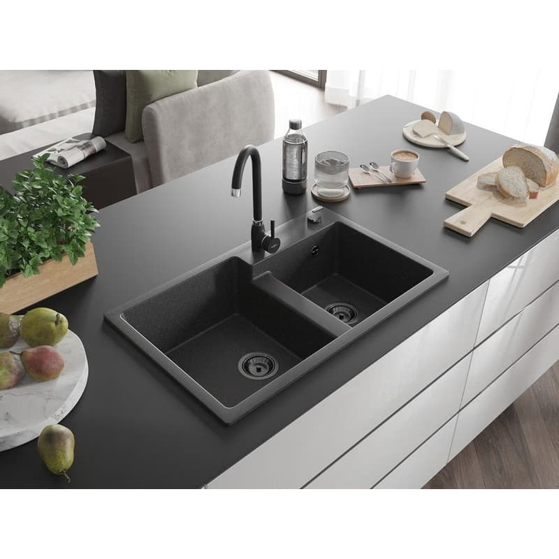 MEXEN/S MEXEN/S - Tomas granitový drez 2-bowl 800 x 500 mm, čierna kropenatá, + čierny sifón 6516802000-76-B 2