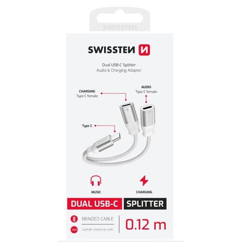 SWISSTEN NABÍJACÍ AUDIO ADAPTÉR TEXTILE USB-C (samec) / 2x USB-C (samica) 0,12 M BIELÝ