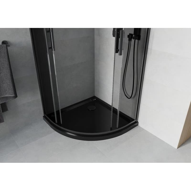 MEXEN/S - Rio sprchovací kút štvrťkruh 90x90, grafit, čierna + čierna vanička so sifónom 863-090-090-70-40-4170B 4