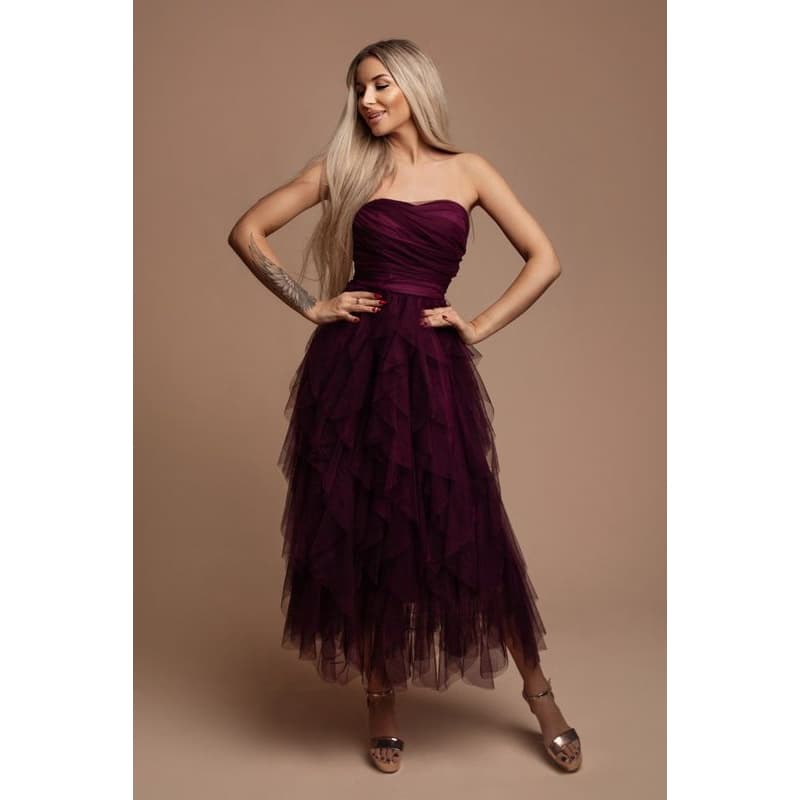 Eva & Lola Purpurové midi šaty s nariaseným tylom Veľkosť: S 1