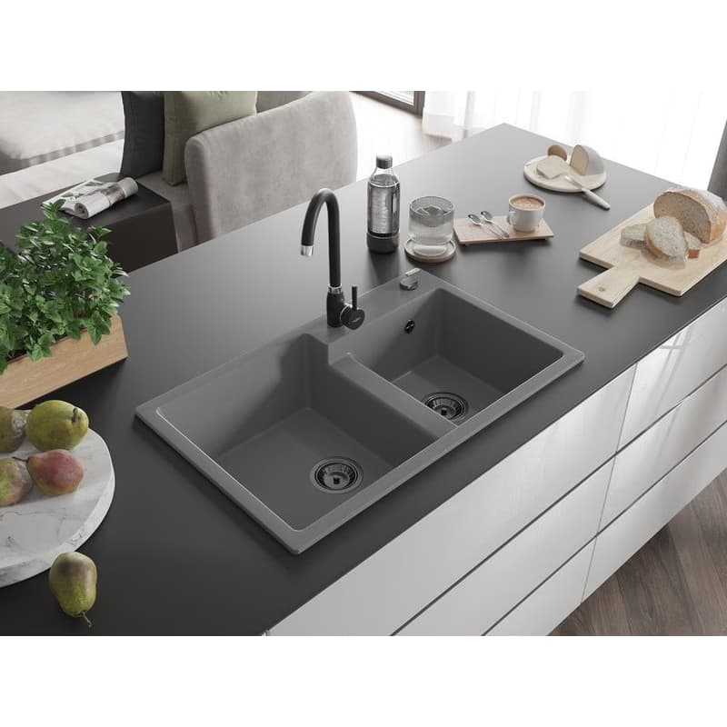 MEXEN/S MEXEN/S - Tomas granitový drez 2-bowl 800 x 500 mm, šedá, + čierny sifón 6516802000-71-B 2