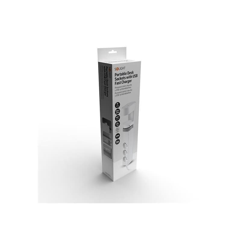 Solight 3z + USB A+C prenosné stolné zásuvky, 2m, biela, USB rýchlonabíjačka 20W PD 3