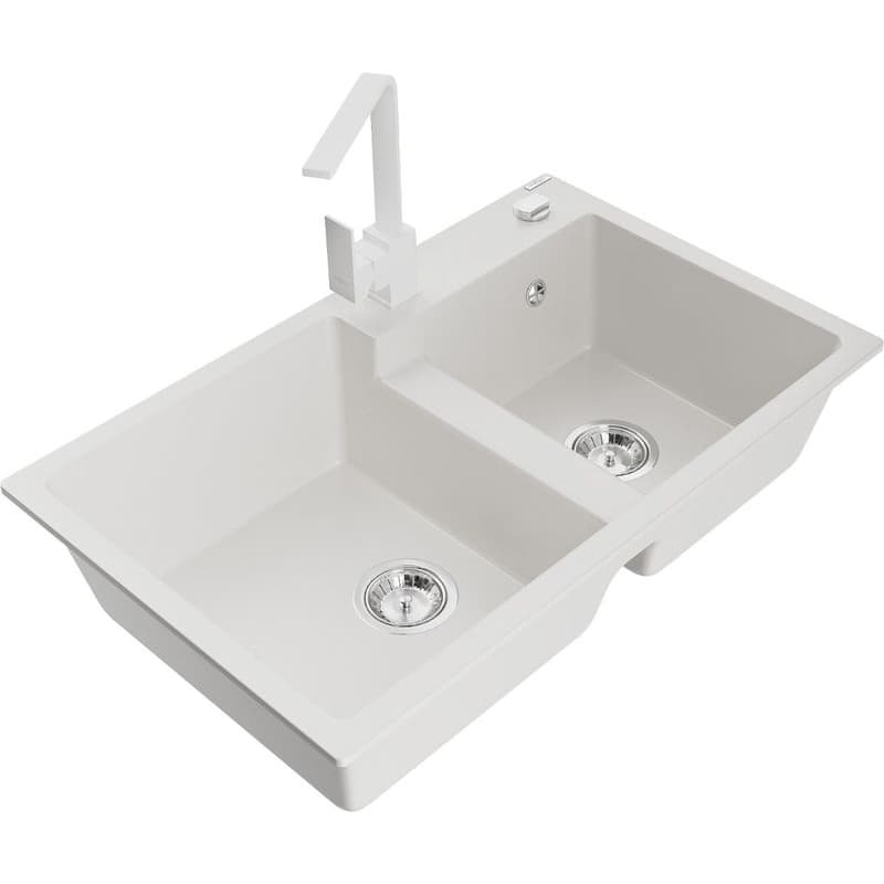 MEXEN/S MEXEN/S - Tomas granitový drez 2-bowl vrátane batérie Rita, biela 6516-20-670300-20