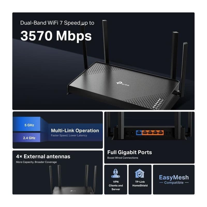 TP-Link Archer BE220 EasyMesh WiFi7 router (BE3600, 2, 4GHz/5GHz, 1xGbEWAN, 4xGbELAN) 4