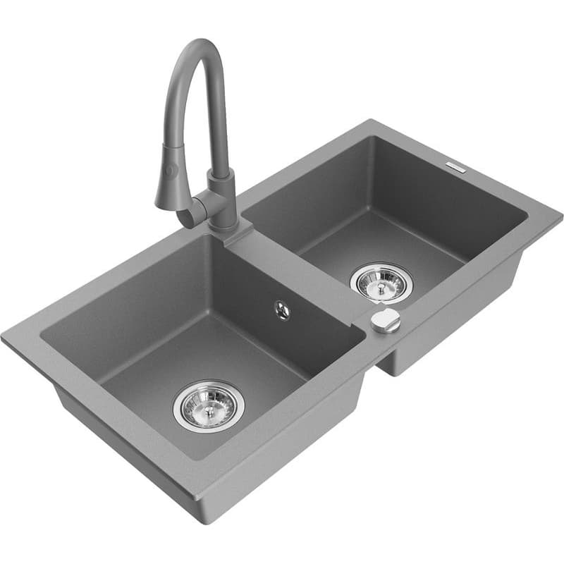 MEXEN/S MEXEN/S - Mario granitový drez 2-bowl vrátane batérie Elia, šedá 6504-71-670101-71