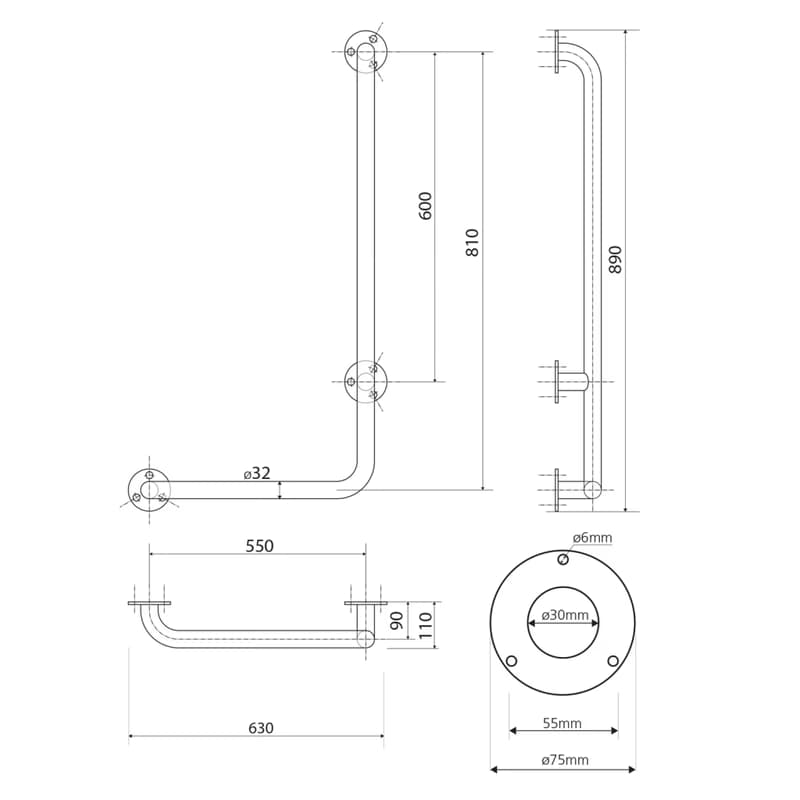 SAPHO - HANDICAP nástenné madlo pravé 810x550, biela XH524W 2