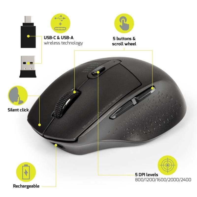 PORT dobíjacia myš s duálnym bezdrôtovým pripojením, BT, 2, 4 GHz, USB-A/C, čierna 2