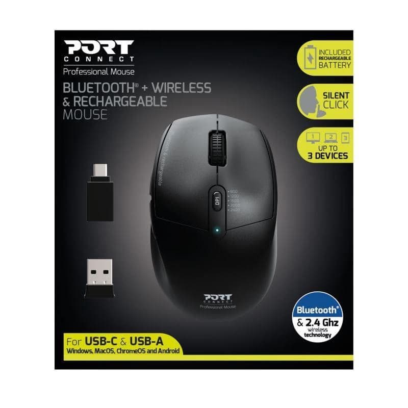 PORT dobíjacia myš s duálnym bezdrôtovým pripojením, BT, 2, 4 GHz, USB-A/C, čierna 4