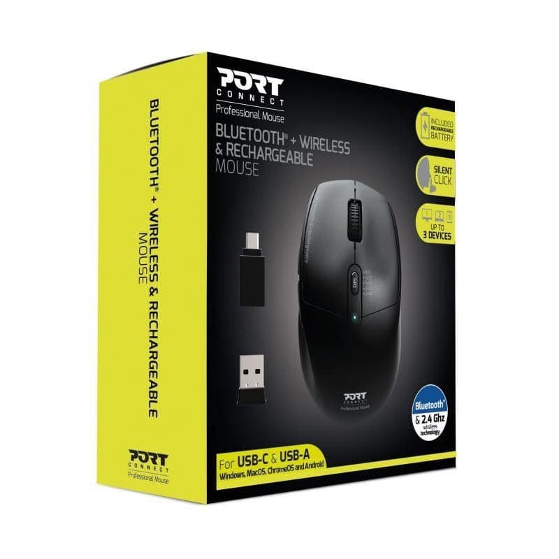 PORT dobíjacia myš s duálnym bezdrôtovým pripojením, BT, 2, 4 GHz, USB-A/C, čierna 5