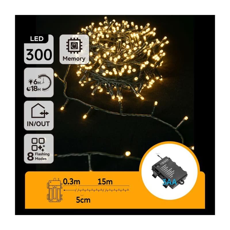 B.V. -LED Vonkajší svetelný reťazec 300xLED/8 funkcií 3xAA 15,3m IP44 teplá biela B10303K2L