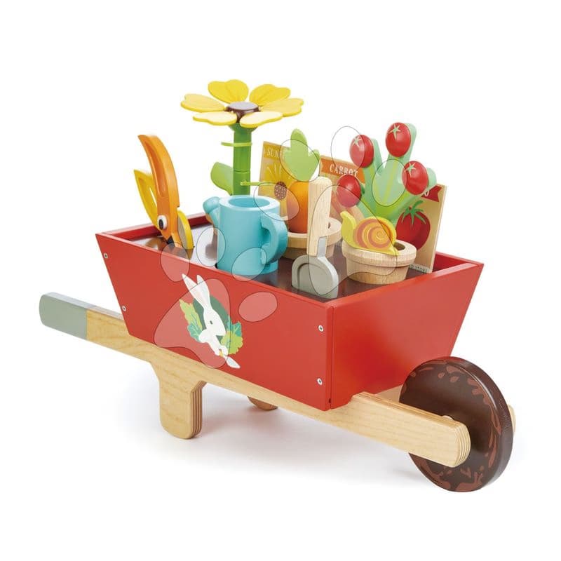 Drevený fúrik so záhradným náradím Garden Wheelbarrow Tender Leaf Toys 13-dielna súprava kvetináče s krhlou a rastlinami 1