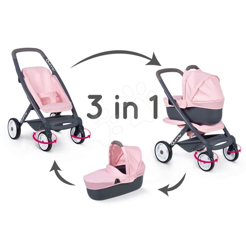 Kočík trojkombinácia Powder Pink 3in1 Maxi Cosi&Quinny Smoby hlboký a športový a prenosná postieľka pre 42 cm bábiku 1