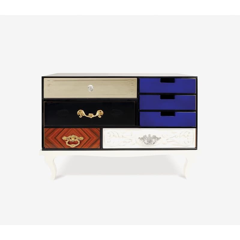 Estila Luxusný moderný nočný stolík Mondrian s rámom z bieleho lakovaného masívu a rôznofarebnými zásuvkami 85cm 1