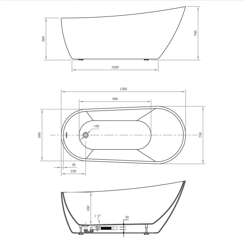 AQUALINE - TISA voľne stojaca vaňa 150x75cm, biela E1575 5