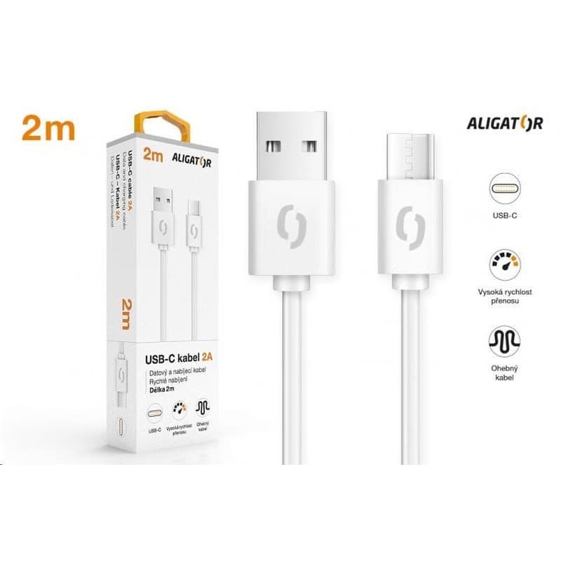 Aligator dátový a nabíjací kábel, konektor USB-C, 2A, 2m, biela 3
