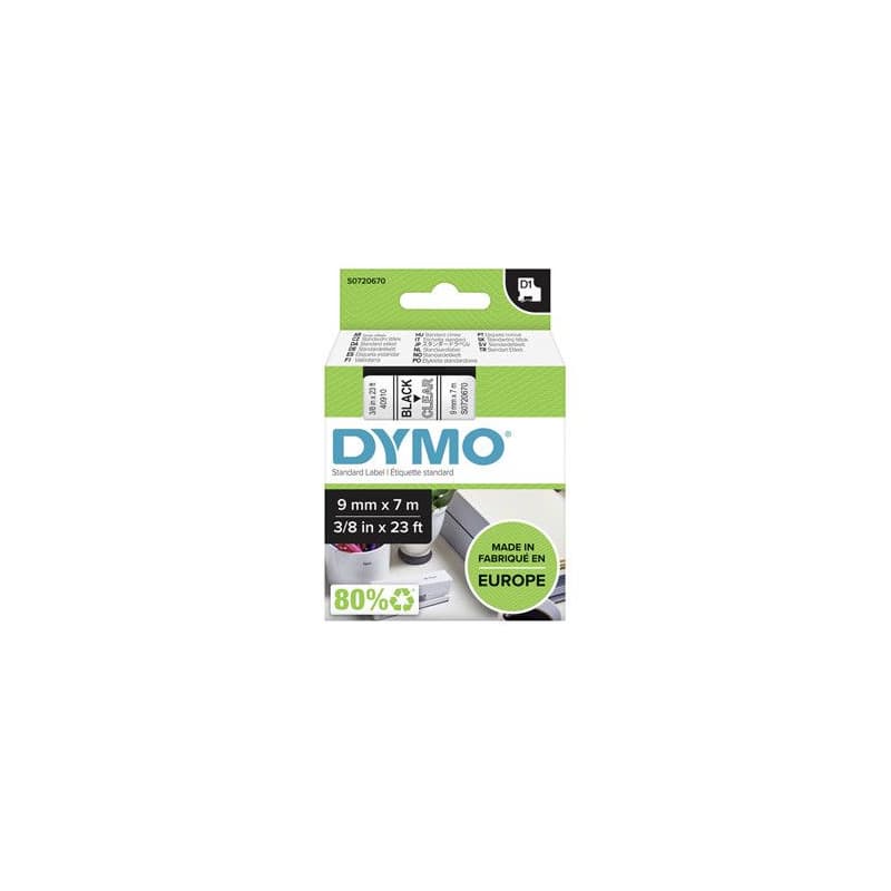 Dymo originál páska do tlačiarne štítkov, Dymo, 40910, S0720670, černý tlač/transparentný podklad, 7m, 9mm, D1