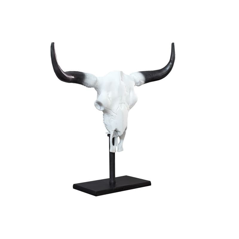 Estila Vidiecka biela dekorácia Bull s čiernymi rohmi na stenu alebo postavenie na obdĺžnikový čierny stojan 50 cm 1
