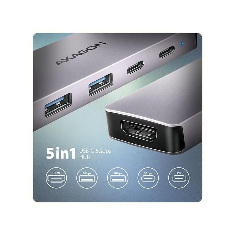 AXAGON HMC-5H60, USB 5Gbps húb, porty 2x USB-A, 1x USB-C, HDMI 4k/60, PD 100W, kábel USB-C 15cm 2