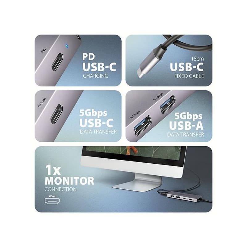 AXAGON HMC-5H60, USB 5Gbps húb, porty 2x USB-A, 1x USB-C, HDMI 4k/60, PD 100W, kábel USB-C 15cm 3