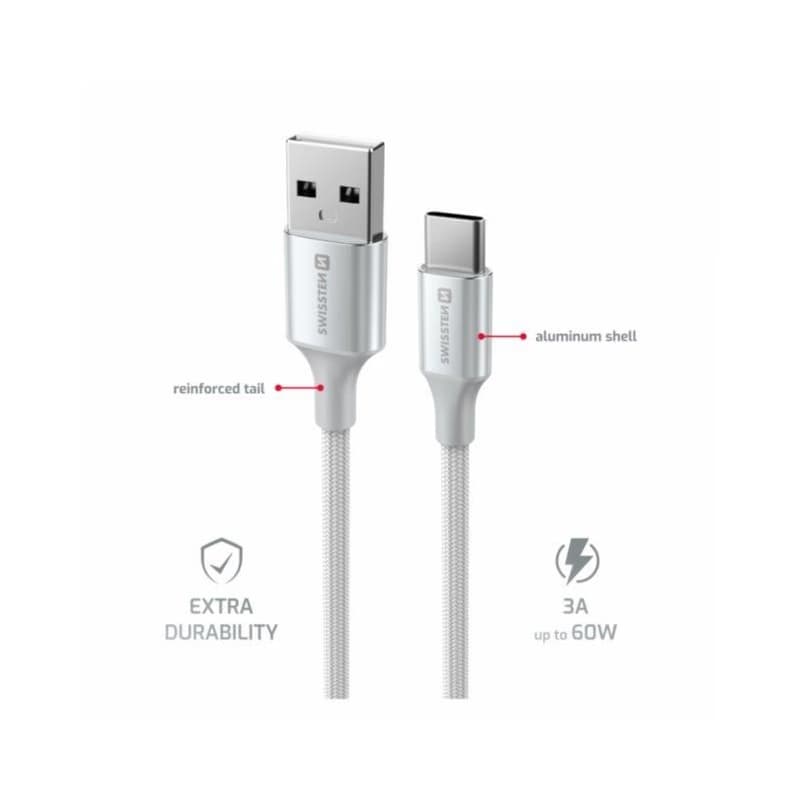 SWISSTEN DÁTOVÝ KÁBEL TEXTILE II USB / USB-C 1,5 M BIELÝ 2