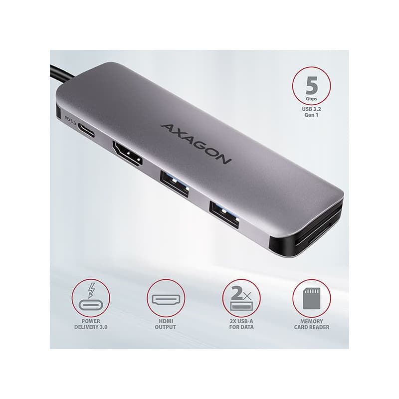 AXAGON HMC-5, USB 3.2 Gen 1 húb, porty 2x USB-A, HDMI, SD/microSD slot, PD 100W, kábel USB-C 20cm 2