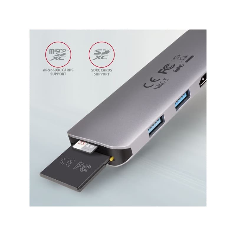 AXAGON HMC-5, USB 3.2 Gen 1 húb, porty 2x USB-A, HDMI, SD/microSD slot, PD 100W, kábel USB-C 20cm 3