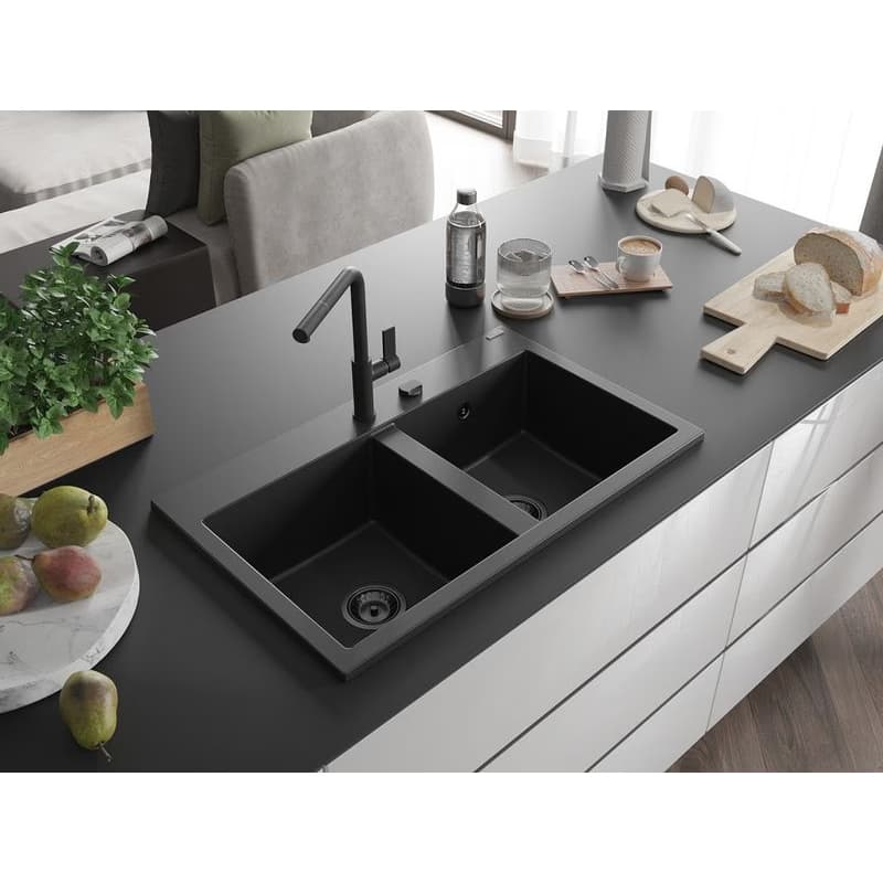 MEXEN/S MEXEN/S - Hektor granitový drez 2-bowl 800 x 480 mm, čierna, čierny sifón 6521802000-77-B 2