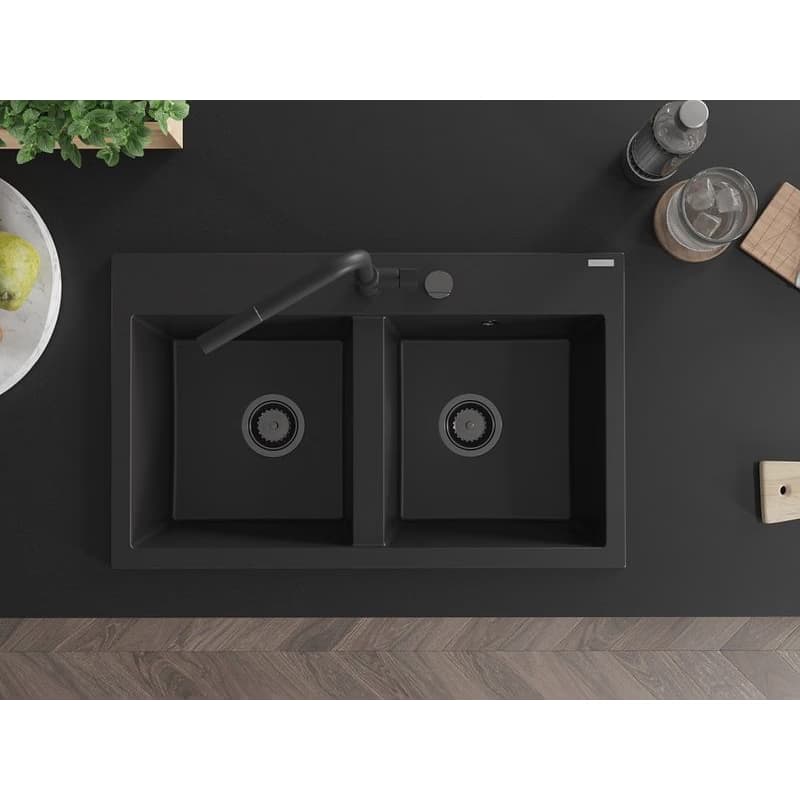 MEXEN/S MEXEN/S - Hektor granitový drez 2-bowl 800 x 480 mm, čierna, čierny sifón 6521802000-77-B 4
