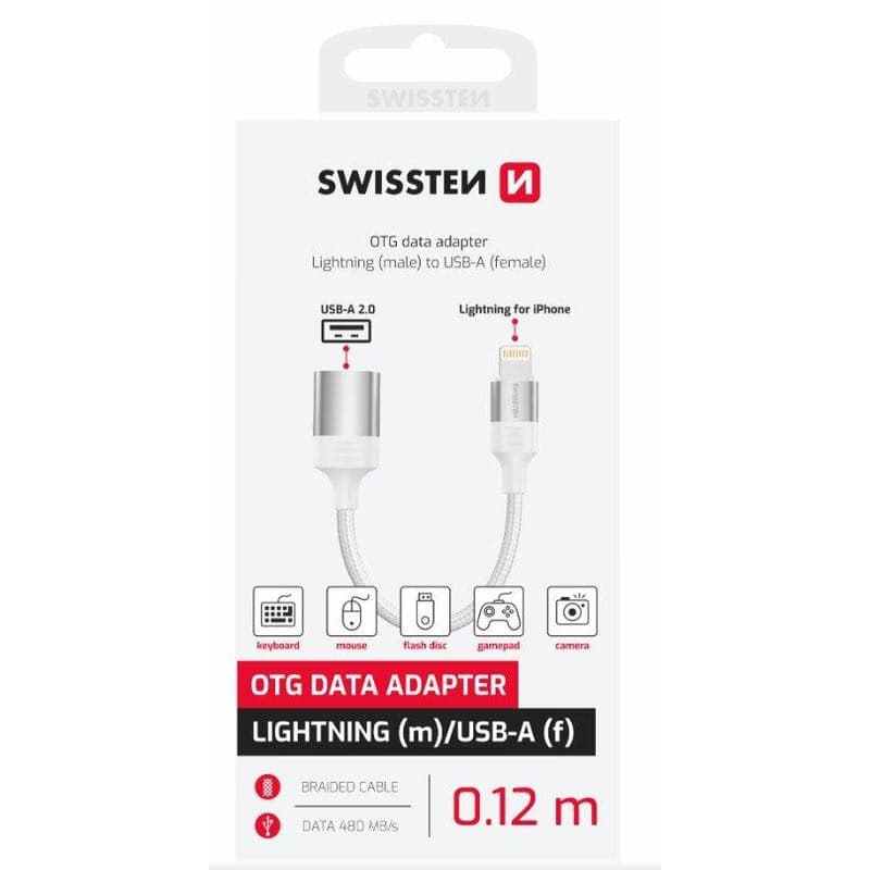 SWISSTEN OTG ADAPTÉR TEXTILE LIGHTNING (samec) / USB-A (samica) 0,12 M BIELÝ