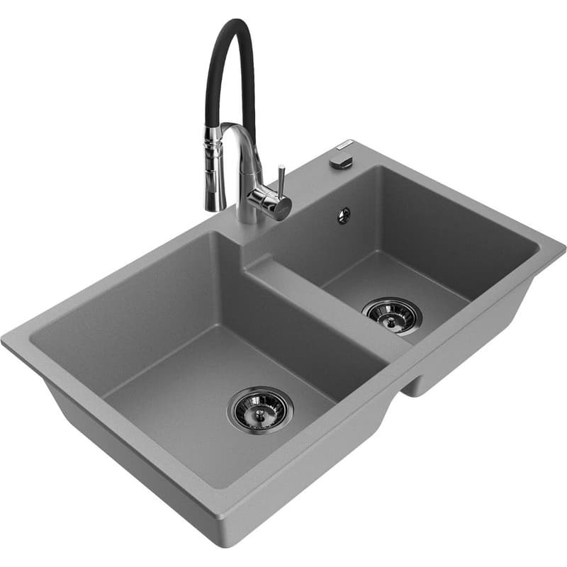MEXEN/S MEXEN/S - Tomas granitový drez 2-bowl vrátane batérie Aster, šedá 6516-71-73450-07-B