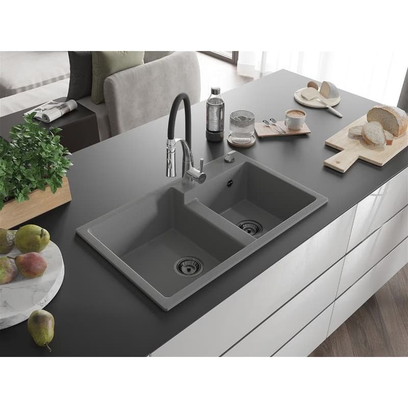 MEXEN/S MEXEN/S - Tomas granitový drez 2-bowl vrátane batérie Aster, šedá 6516-71-73450-07-B 2