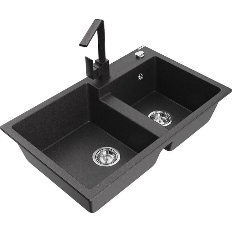 MEXEN/S MEXEN/S - Tomas granitový drez 2-bowl vrátane batérie Rita, čierna kropenatá 6516-76-670300-76 1