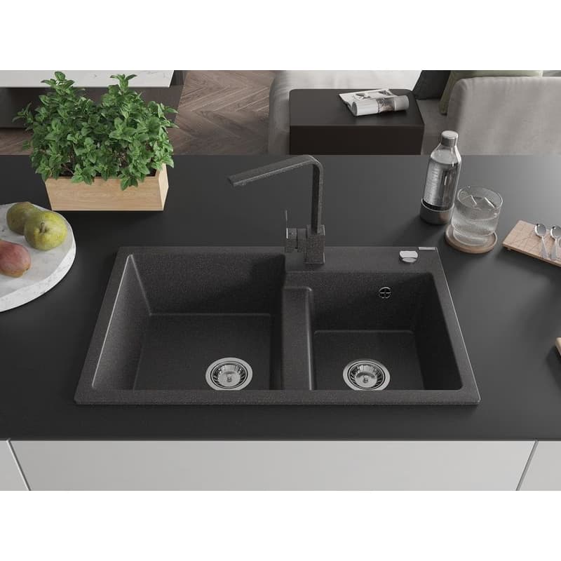 MEXEN/S MEXEN/S - Tomas granitový drez 2-bowl vrátane batérie Rita, čierna kropenatá 6516-76-670300-76 3