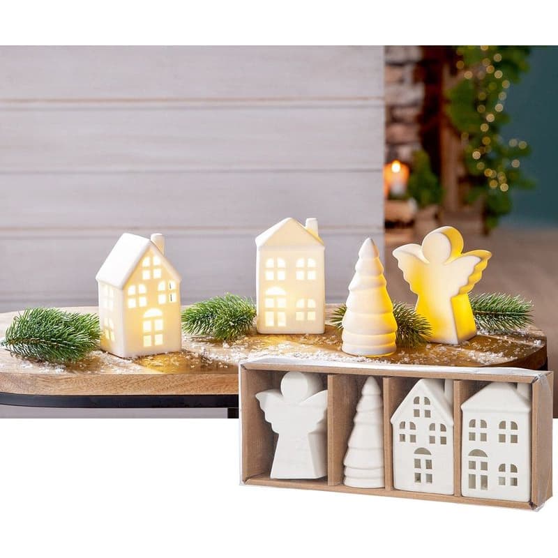 Sada LED dekorácií – domčeky, anjel a vianočný stromček, 11 cm 1